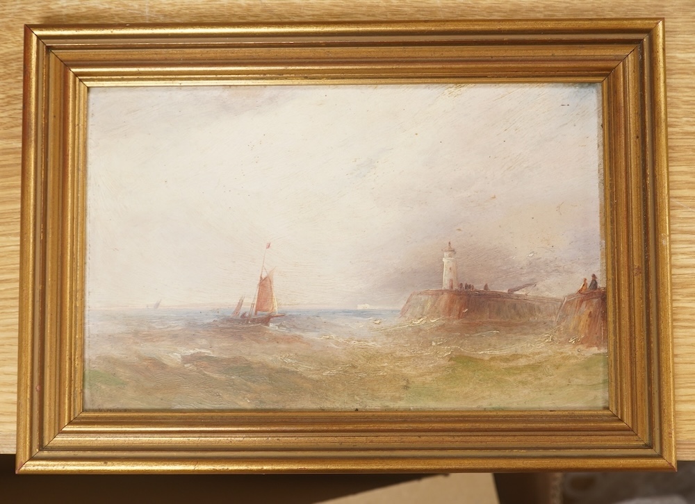 Oil on board, Coastal view with lighthouse, indistinctly signed, 15 x 23cm. Condition - fair to good